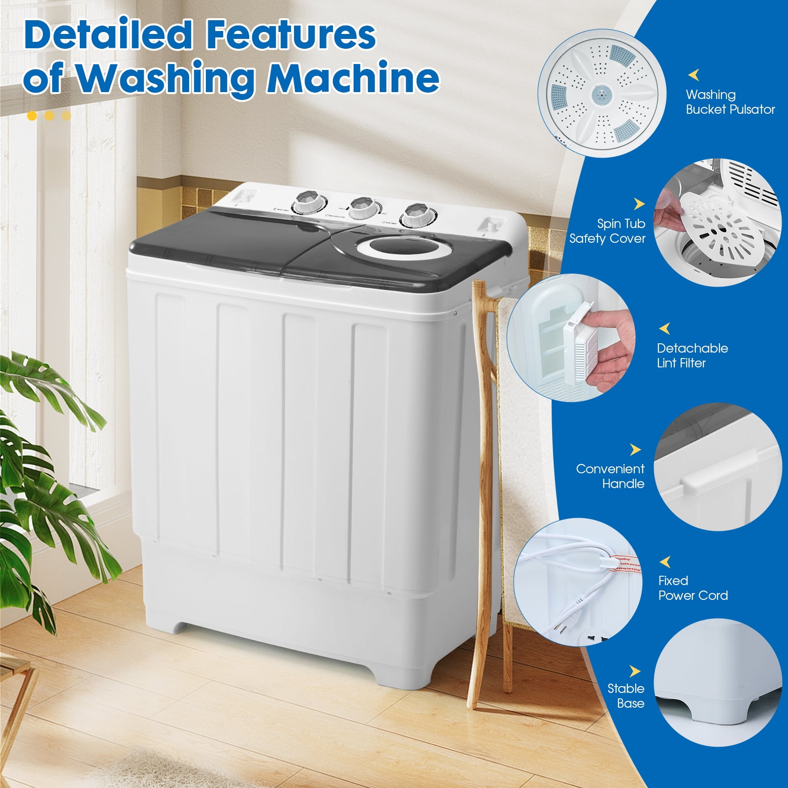 Dawmilon Portable Twin Tub Washing Machine, 28 lb Capacity with Drain Pump, Compact Washer for Apartments, Dorms & RVs, Grey