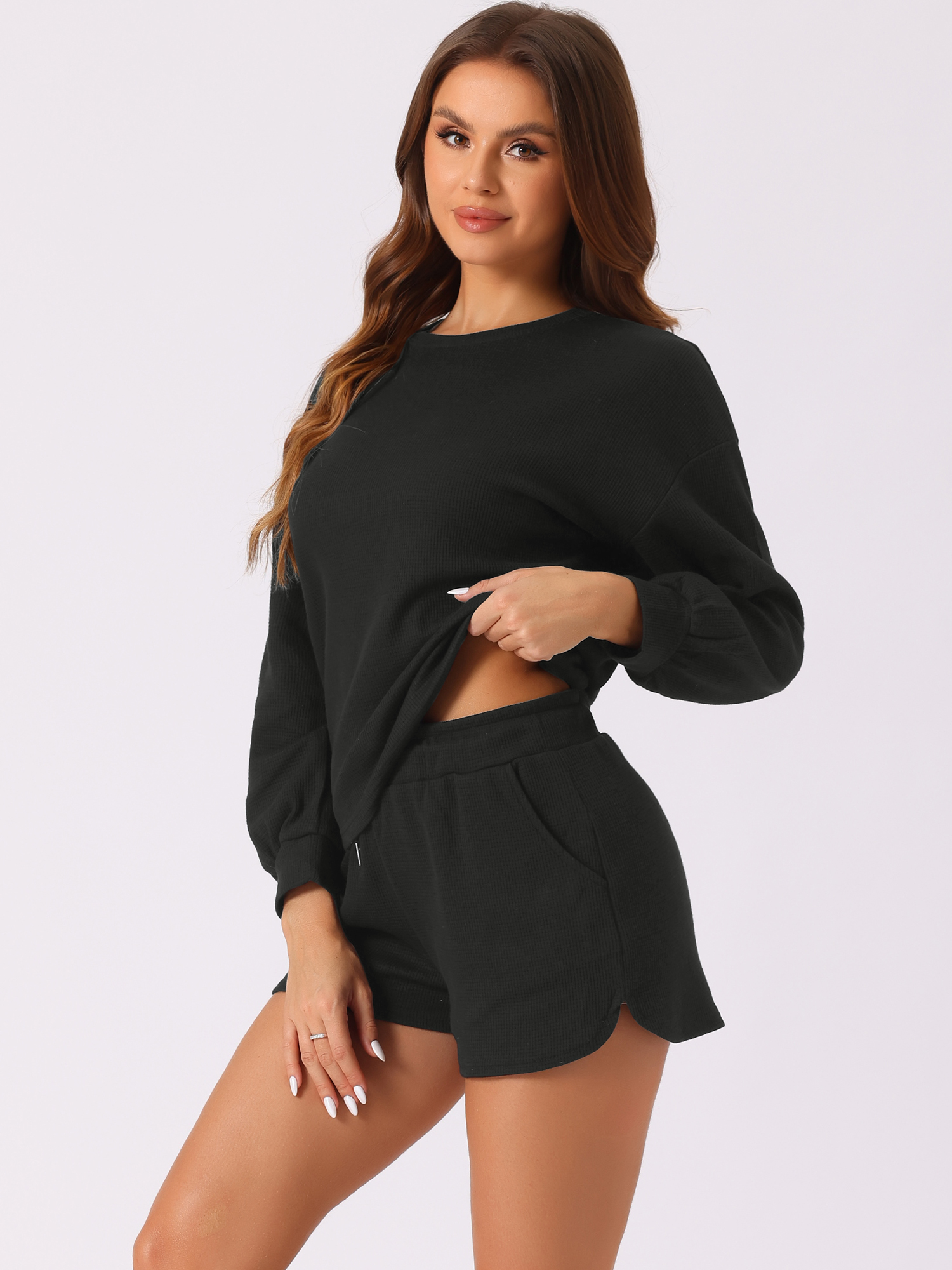 DARING DIVA Women's Waffle Knit Lounge Set Long Sleeve Sweatshirt XL Black