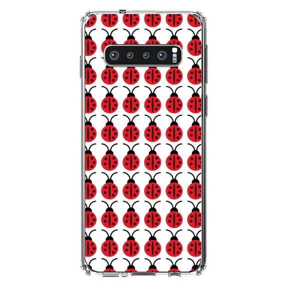 DistinctInk Clear Shockproof Hybrid Case for Samsung Galaxy S10 (6.1" Screen) - TPU Bumper, Acrylic Back, Tempered Glass Screen Protector - Red White Black Lady Bugs