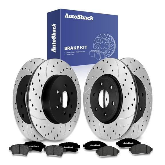 AutoShack Front Vented & Rear Vented Drilled & Slotted E-Coated Brake Rotors   Ceramic Pads 12-PC Brake Kit Replacement for 2005-2019 Nissan Frontier 2009-2010 Suzuki Equator ShadowGuard