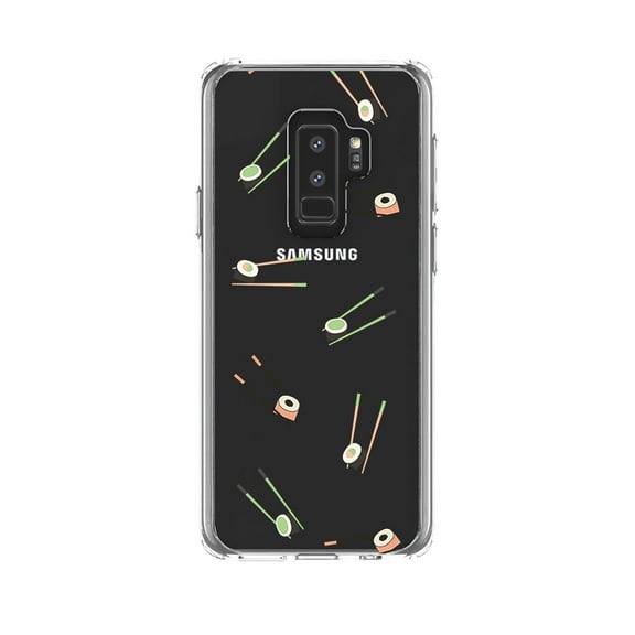 DistinctInk Clear Shockproof Hybrid Case for Samsung Galaxy S9  PLUS (6.2" Screen) - TPU Bumper, Acrylic Back, Tempered Glass Screen Protector - Sushi with Chopsticks - Pastels