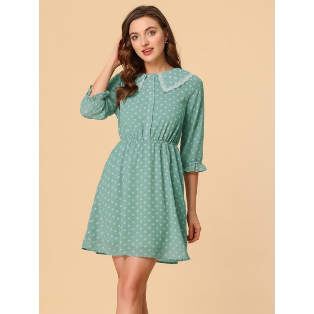 Unique Bargains Robe à Manches 3/4 à Volants avec Col Rabattu et Imprimé Étoiles et Pois pour Femmes