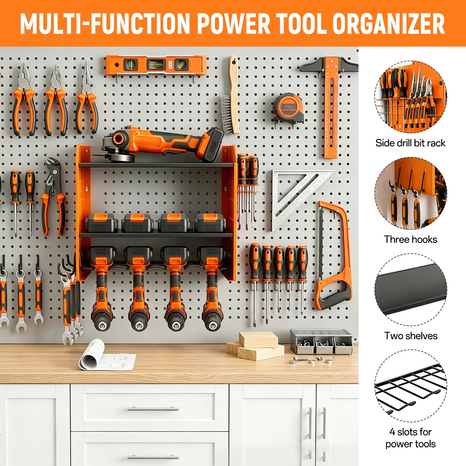 Power Tool Organizer Wall Mount, 4-Layer Drill Storage Shelf with Hooks,Screwdriver,Drill Bit Heavy Duty Rack Orange