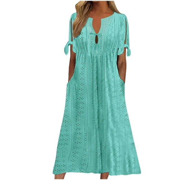 Summer Dresses for Women 2025 Solid Fashionable V Neck Short Sleeved Hollow Out Dress