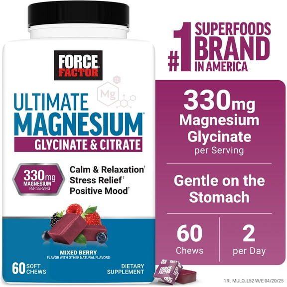 Force Factor Ultimate Magnesium, 330mg Magnesium Glycinate & Citrate to Promote Calm & Relaxation, Vegan & Gluten Free, Mixed Berry, 60 Soft Chews