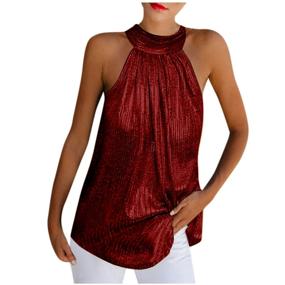 Sparkly Sequin Tops for Women Sleeveless Halter Dressy Sparkle Tank Camisole Tops Party Club Cocktail Vest Shirt