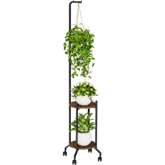 VyGrow Plant Stand, 2 Tier Hanging Tall Plant Shelf with Wheels, 3 Potted Corner Flower Stand Metal Holder, Black