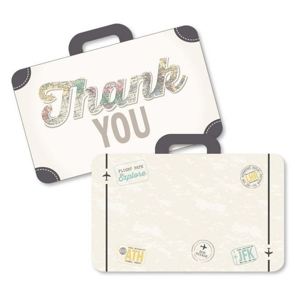 Big Dot of Happiness World Awaits - Shaped Thank You Cards - Travel Themed Party Thank You Note Cards with Envelopes - Set of 12