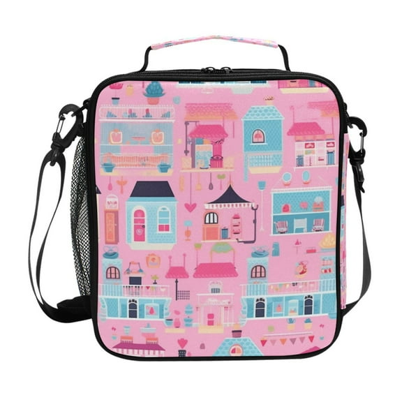 ALAZA Pink Cute House Pattern Lunch Box Insulated Lunch Bag Reusable Thermal Cooler Tote School Picnic