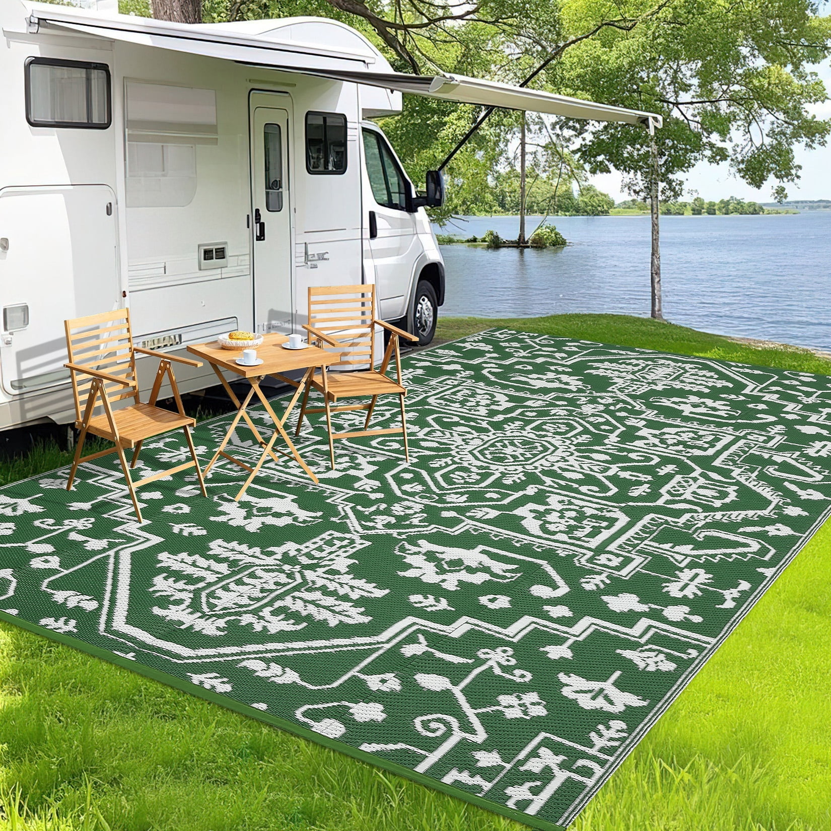 Nanan 9x12 Outdoor Patio Rug, Portable Waterproof Plastic PP Tube Rug, Modern Scalloped Edge Mat for Deck, Yard, Camping, Balcony & Poolside, Green/White