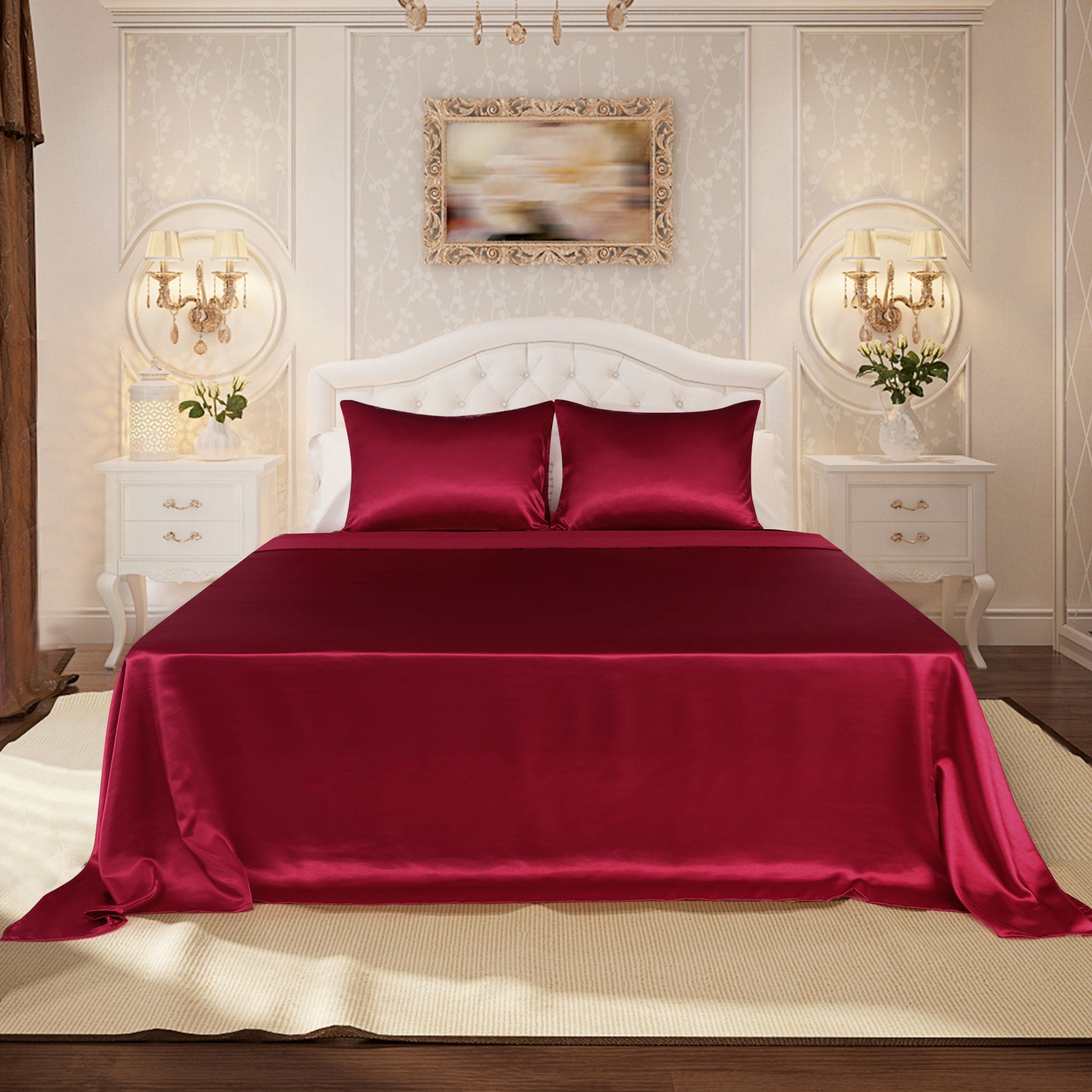 Unique Bargains Satin Sheet Set Luxury Polyester Bed Set 4 Pcs King Burgundy