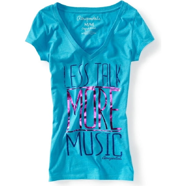 Aeropostale Less Talk More Music playera gráfica con cuello en V para mujer, azul, extragrande Aeropostale Camiseta gráfica