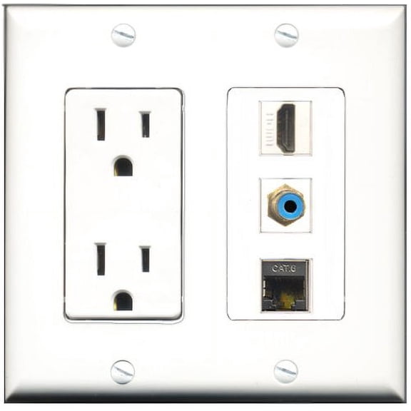 RiteAV - 15 Amp Power Outlet 1 Port HDMI 1 Port RCA Blue 1 Port Shielded Cat6 Ethernet Ethernet Decorative Wall Plate