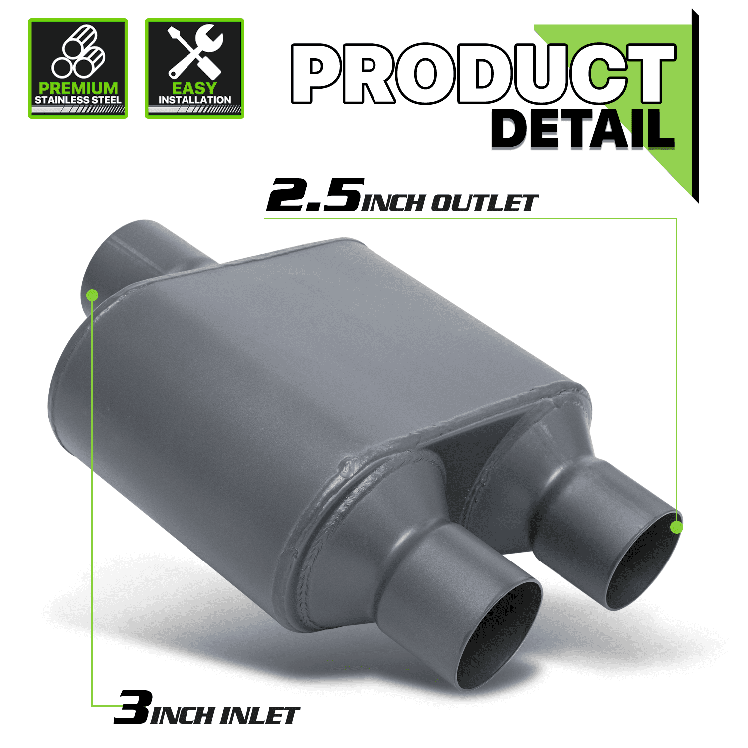 Magshion 3" Inlet 2.5" Outlet Chambered Muffler Straight-Through Round Stainless Steel Dual Exhaust Tip, Gray