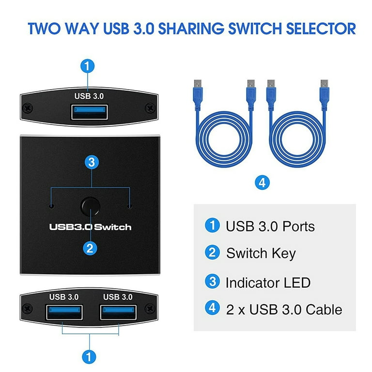 USB 3.0 Switch Selector KVM Switch 5Gbps 2 in 1 Out USB 3.0 Two-Way Sharer  for Printer Keyboard Mouse Sharing