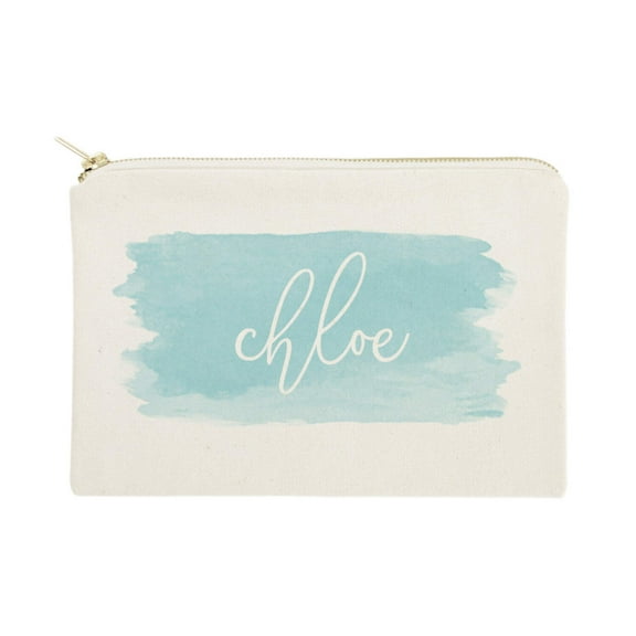 Personalized Name Blue Watercolor Cosmetic Bag and Travel Make Up Pouch