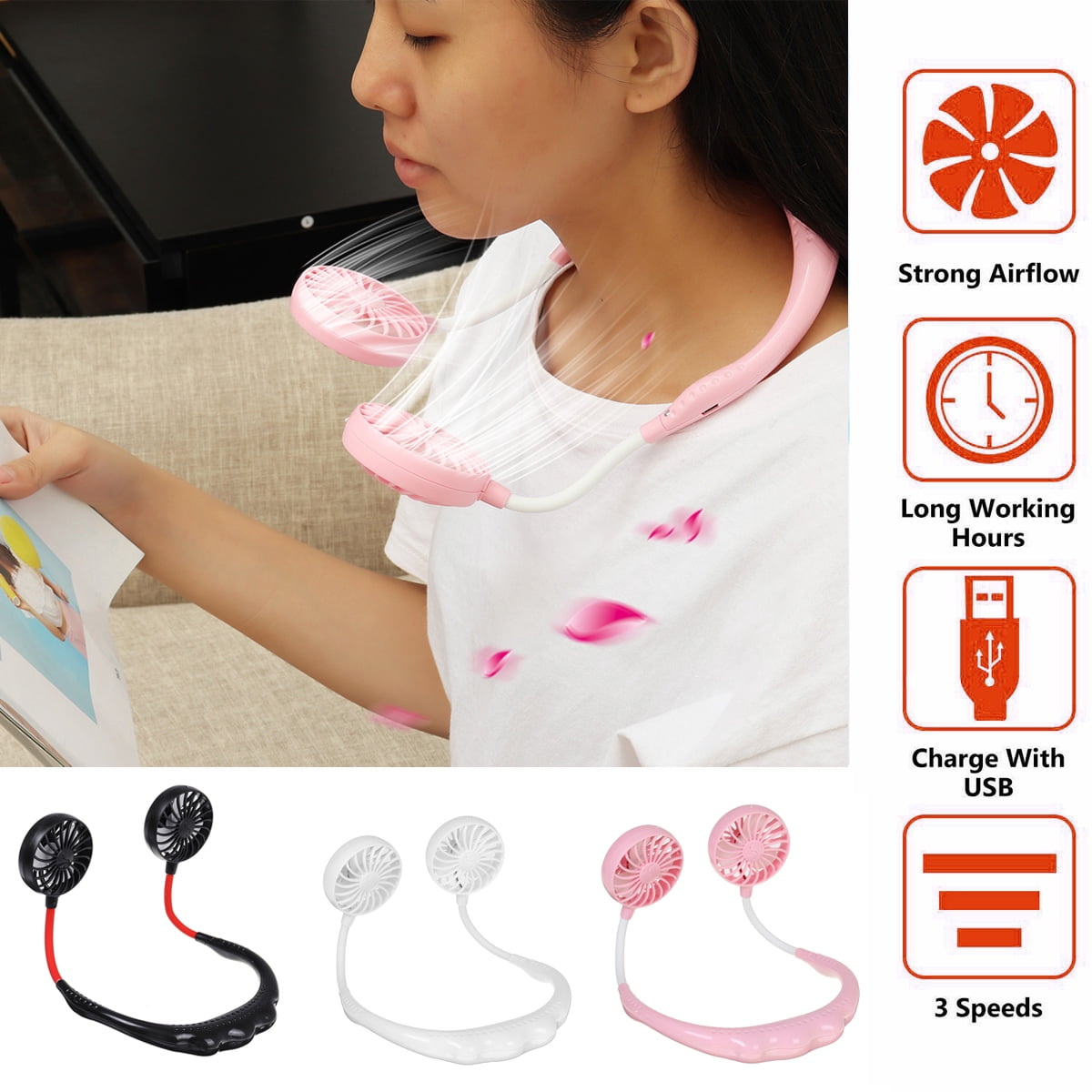 Portable Hanging Neck Sports Fan, USB Rechargeable Personal Wearable
