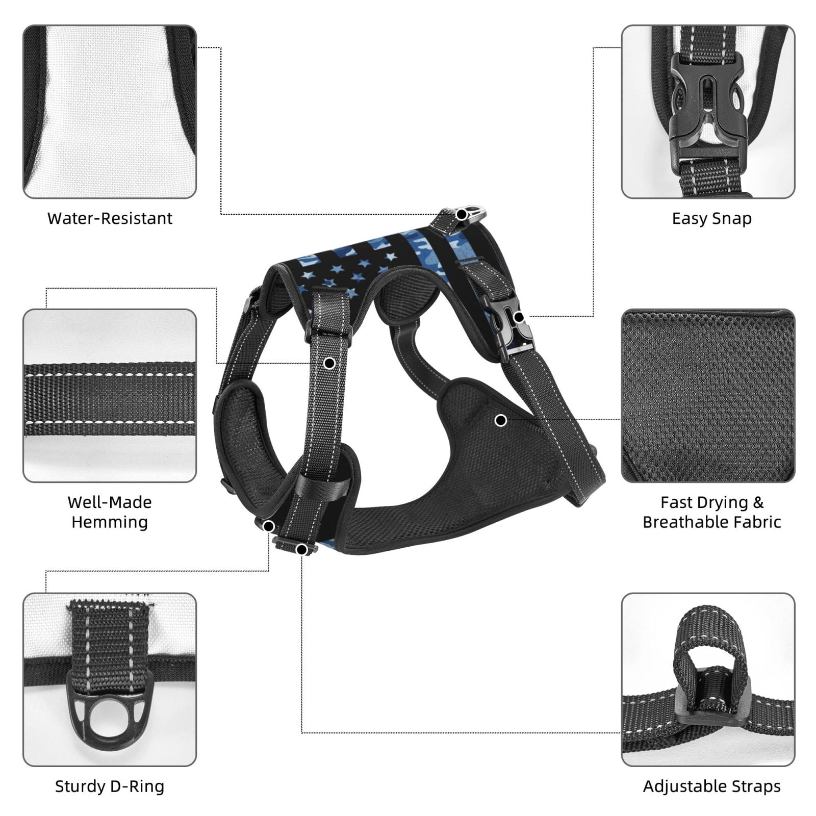 Picia Navy Camouflage American Flag No-Pull Dog Harness Reflective Front Clip Vest with Handle,Step-in Air Dog Harness,Adjustable 2 Metal Rings 4 Buckles,Easy to Put on & Take Off Small