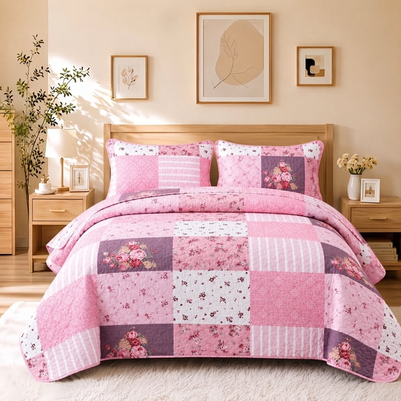2/3 Piece Vintage Pink Rose Patchwork Quilted Bedspread Set, 1 Bedspread 1/2 Pillowcases, Multi-use All-Season Bedding for Bedrooms, Dorms & Sofas(Pink,Twin)