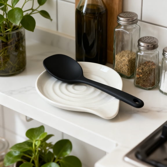 Ceramic Spoon Rest for Kitchen Stove, Heat Resistant Utensil Holder for Ladles, Spatulas & Cooking Tools, Solid Non-Tip Design for Home Countertop & Kitchen Organization, 6.1*0.63in, White