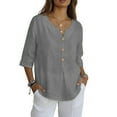 thumbnail image 6 of Womens Cotton Linen Tops 3/4 Sleeve V Neck Button Down Henley Shirts for Women Casual Loose Summer Vacation Beach Blouse, 6 of 8