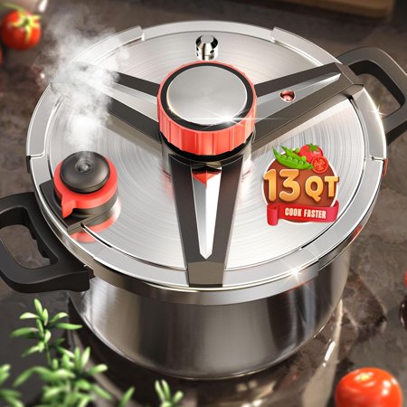 13 QT Pressure Cooker Save 70% Cooking Time Stainless Steel Pressure Canner with Triple-Layer Steel Body One Hand Operation Rotating Lock Unlocking Lid System Steam Rack Included Olla De Presion
