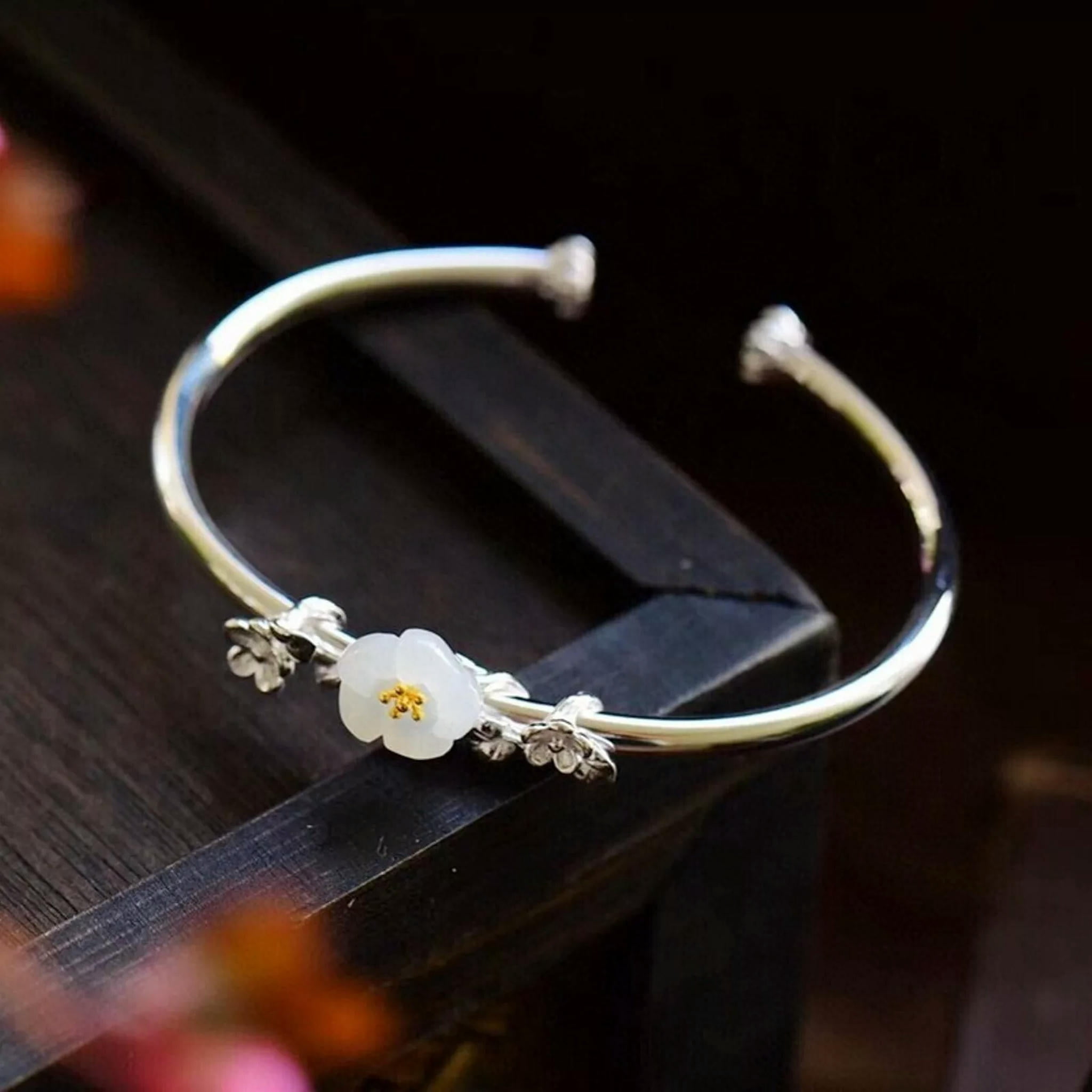 HOOUN 1PCS Pure S925 Sterling Silver Bangle Nephrite Jade Women Flower Cuff Bracelet