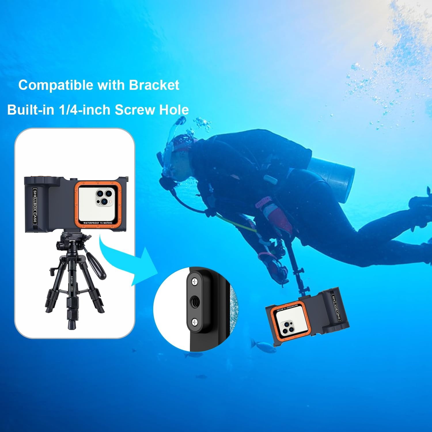 New Updated Extreme Waterproof Underwater Diving, Snorkel Phone Case with Bluetooth Remote Control for All iPhone (Max, Plus, S), Samsung, LG, Google, Android Up to 50Ft, 15M with Lanyard Blue&