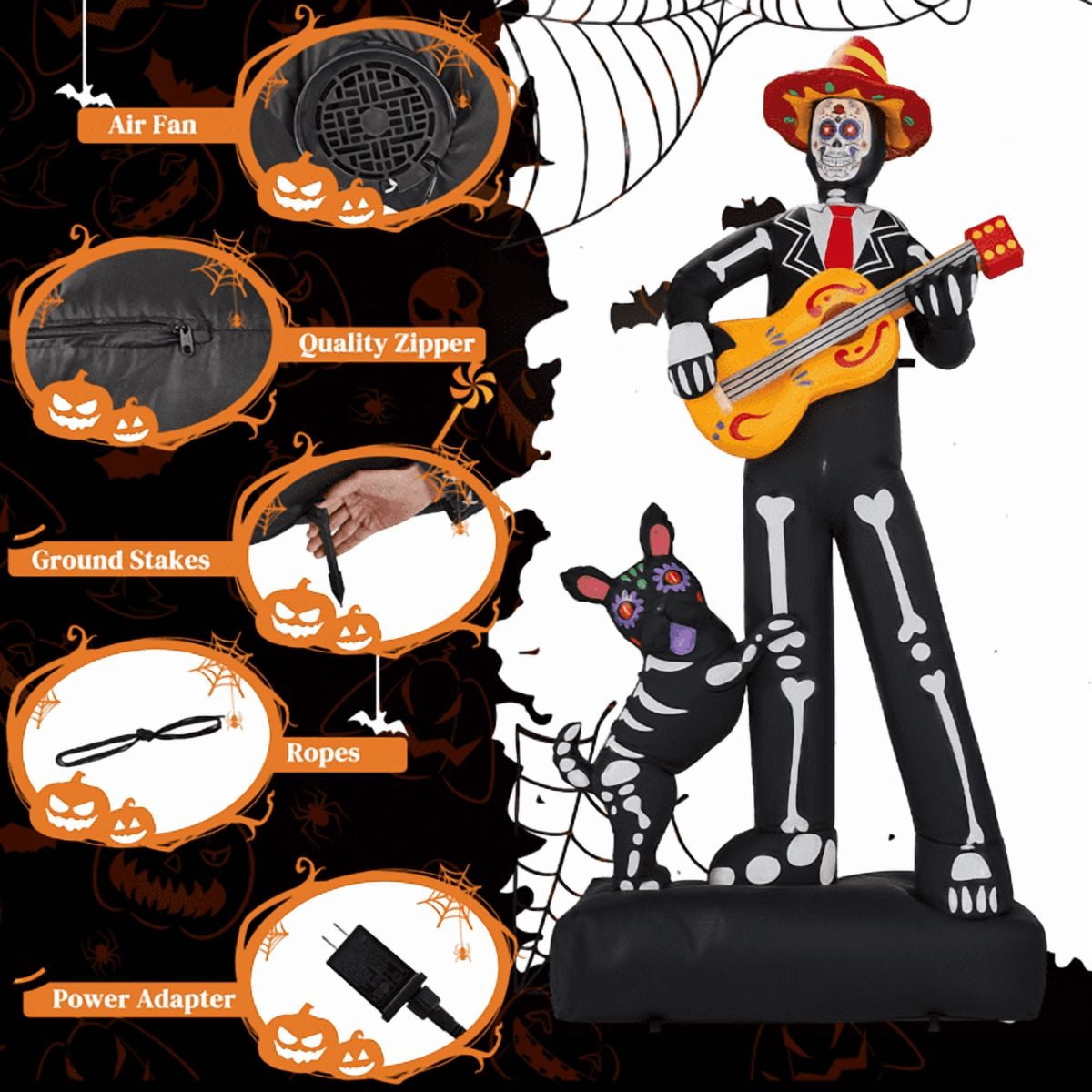 Alvantor 7.2 ft Day of the Dead Halloween Inflatable Decoration with Skeleton Musician, Dog and 6 LED Lights