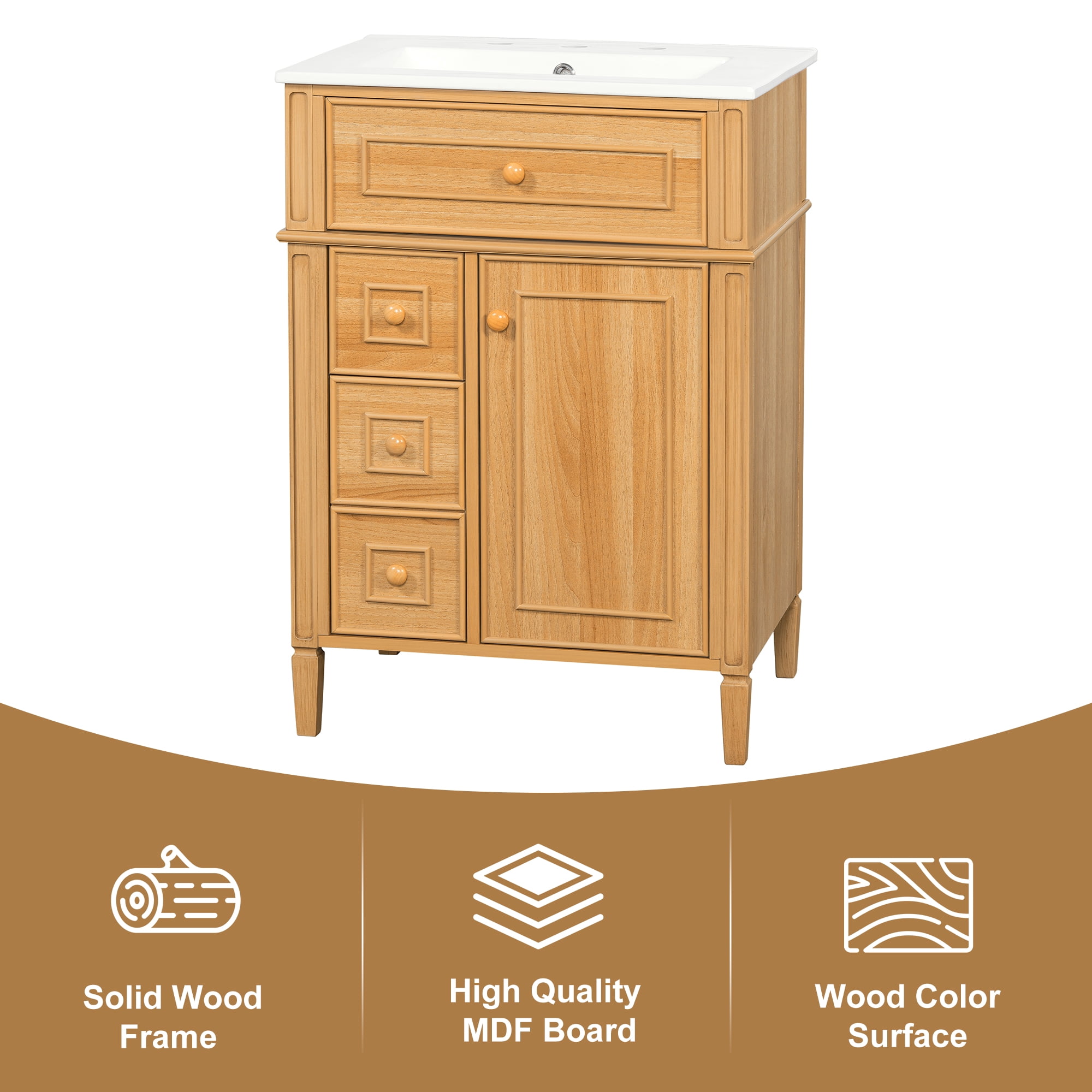 Harper & Bright Designs 24" Small Bathroom Vanity with Sink Top, Free Standing Single Basin Vanity Set with Flip-Out Drawer, 2 Soft-Close Drawers, 1 Soft-Close Door, Solid Wood & MDF, Wood