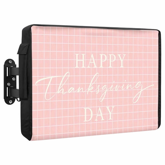 Happy Thanksgiving Waterproof Outdoor TV Cover, Rustic Script Plaid Background Soft Pink Outside Weatherproof TV Enclosures for 80 to 85 Inch LCD Television Shield Flat Screen Protectors
