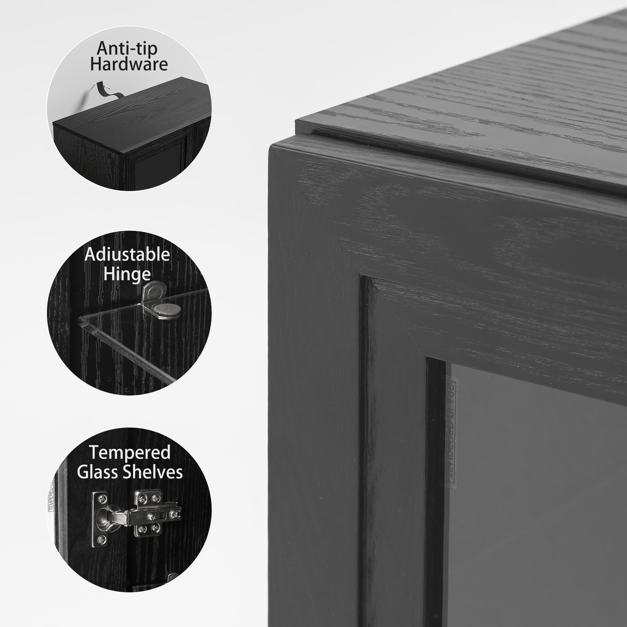 MAYEERTY Curio Display Cabinet with Glass Doors, DIY Combination Storage Cabinets with Adjustable Shelves for Living Room, Black