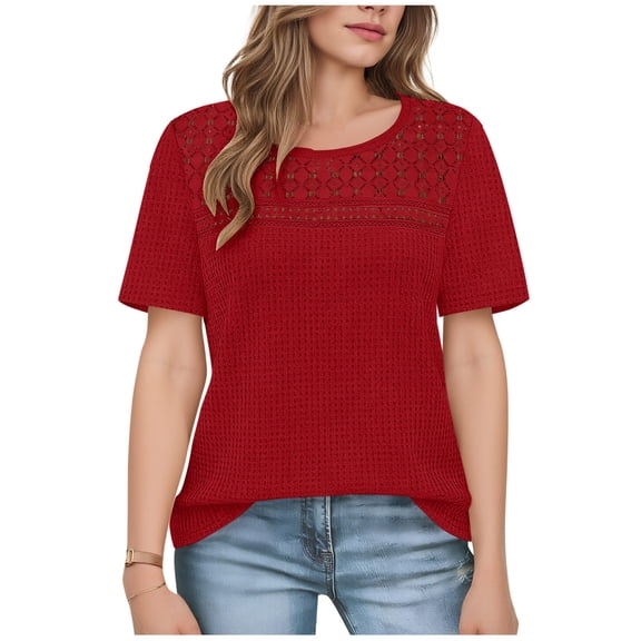 BLVB Women's Spring Summer Tops Casual Crewneck Short Sleeve Waffle Knit Hollow out Shirts Loose Tunic Tops Sweater Blouses