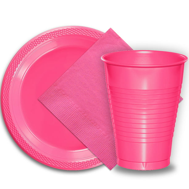 50 Hot Pink Plastic Plates (9"), 50 Hot Pink Plastic Cups