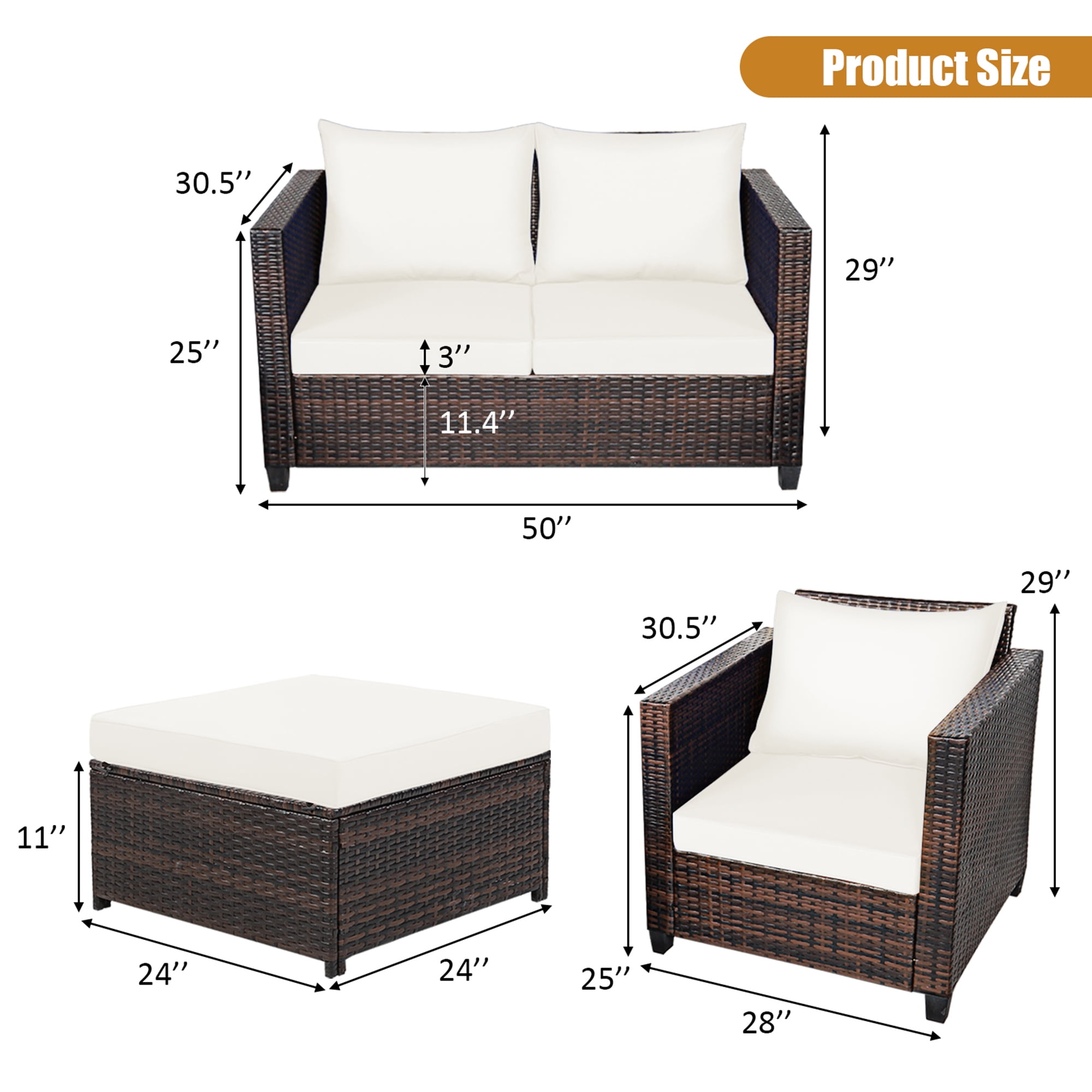 Gymax 5PCS Outdoor Patio Rattan Conversation Sofa Furniture Set w/ White Cushions
