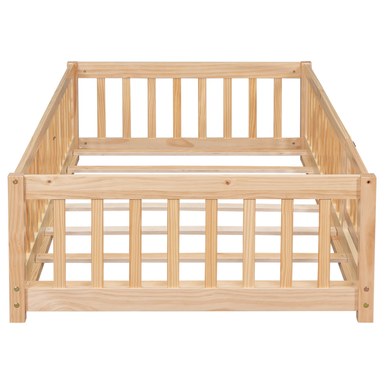 Twin Montessori Playpen Floor Bed Frame with Safety Guardrail Fence and Door, 79.5x41.8x17.5inch, Natural