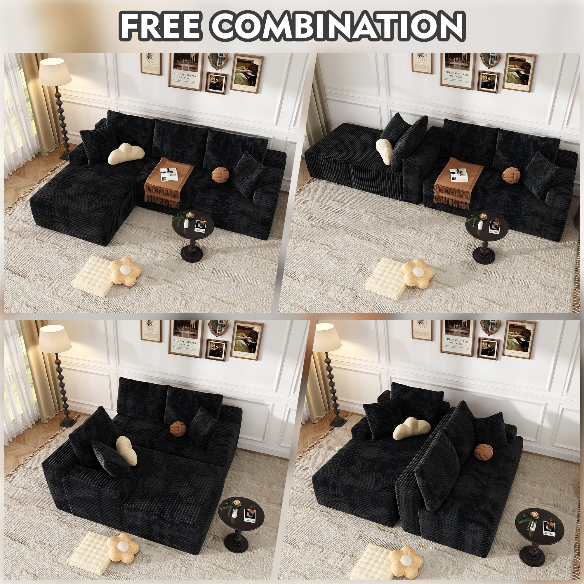 104" Modular L-Shaped Sectional Sofa with Chaise - No Assembly Required Boneless Corduroy Couch, High Resilience Foam, Deep Black