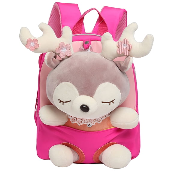 FUZHIQ 3D Plush Deer Doll Mini School Backpack for Ages 3-6 Cute Animal Design Soft Padded Straps Portable Small Student Daypack, Hot Pink