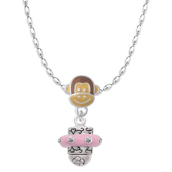 Delight Jewelry Silvertone Crystal Pink Spinner Mia Monkey Charm Necklace