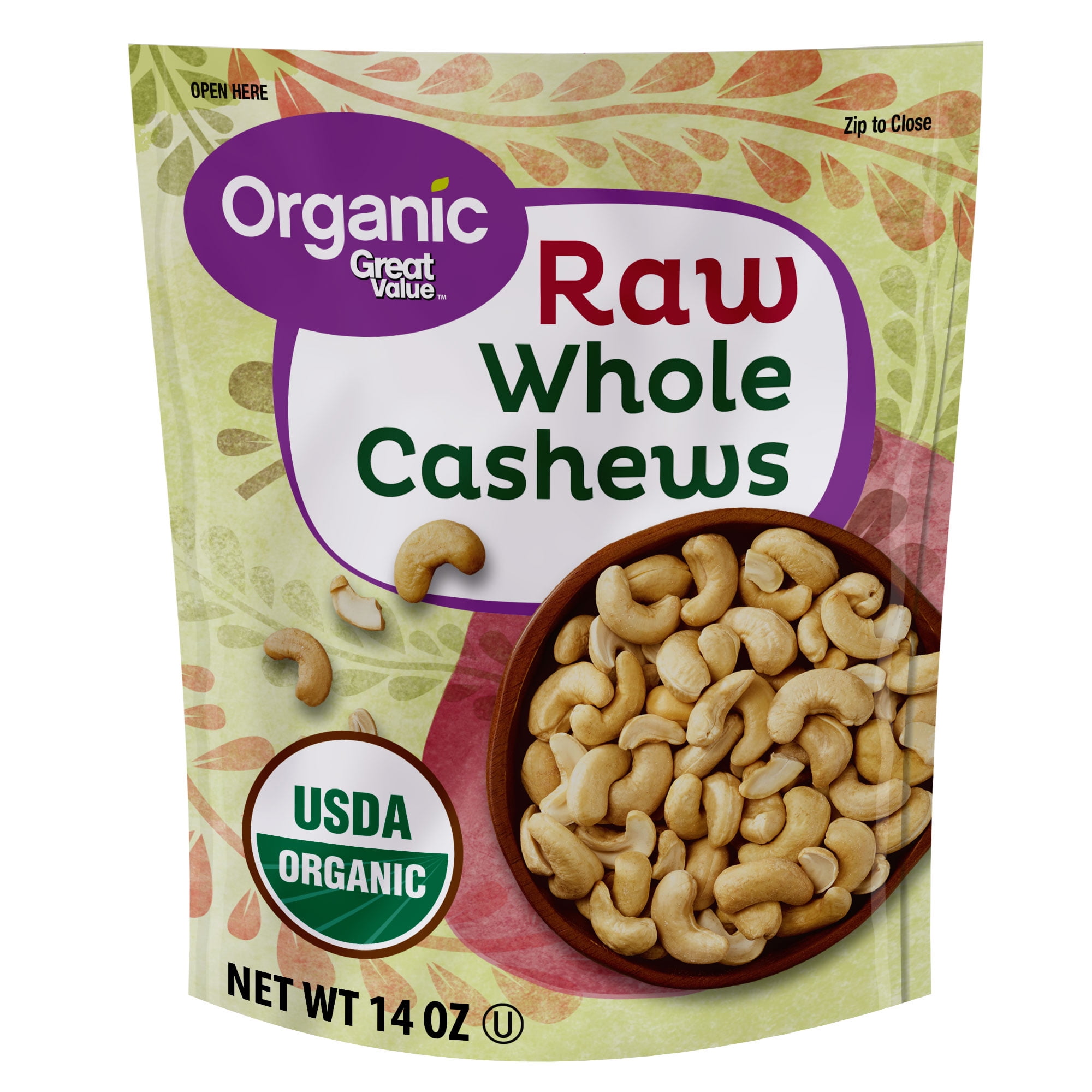 Great Value Organic Raw Whole Cashews, 14 oz