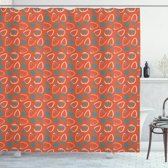 Strawberry Shower Curtain, Modern Design Brush Stroke Style Doodle Strawberry Figures Print, Fabric Bathroom Set with Hooks, 69W X 75L Inches Long, Vermilion Teal and White, by Ambesonne