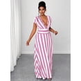 thumbnail image 5 of Plus Size Womens Pink And White Striped Deep V-Neck Cap Sleeve Maxi Dress With Waist Tie, 5 of 7