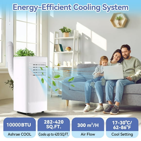 Efficient 10000 BTU Portable Air Conditioner - 3-in-1 Cooling, Dehumidifier & Fan - Floor Standing AC with LED Display, Remote, Quiet Operation, Window Kit - Cools Rooms up to 560 Sq.Ft