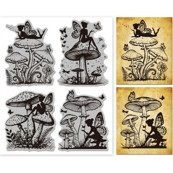 Vintage Fairy and Mushrooms Cling Rubber Stamp Butterfly 18x22cm Clear Stamps Embossing Stamp Seal for DIY Scrapbooking and Card Making Paper Craft Decor