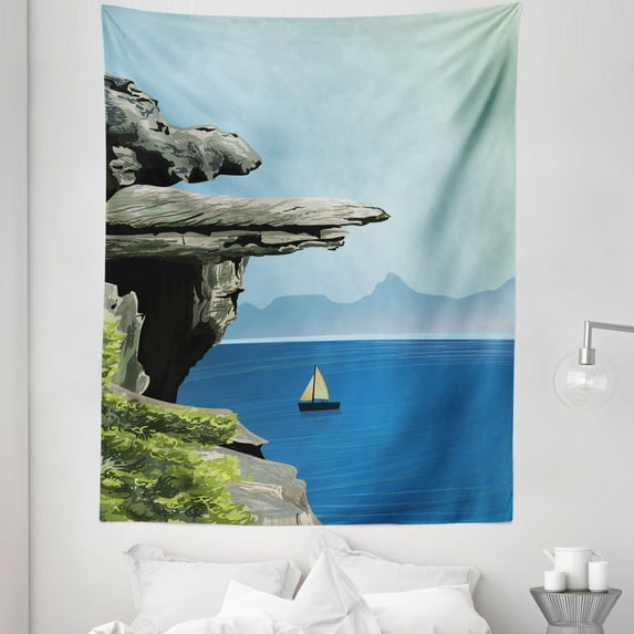 Landscape Tapestry, Cartoon Nature Illustration Sea Sailboat and Cliffs Mountain Print, Fabric Wall Hanging Decor for Bedroom Living Room Dorm, 5 Sizes, Pale Seafoam Multicolor, by Ambesonne