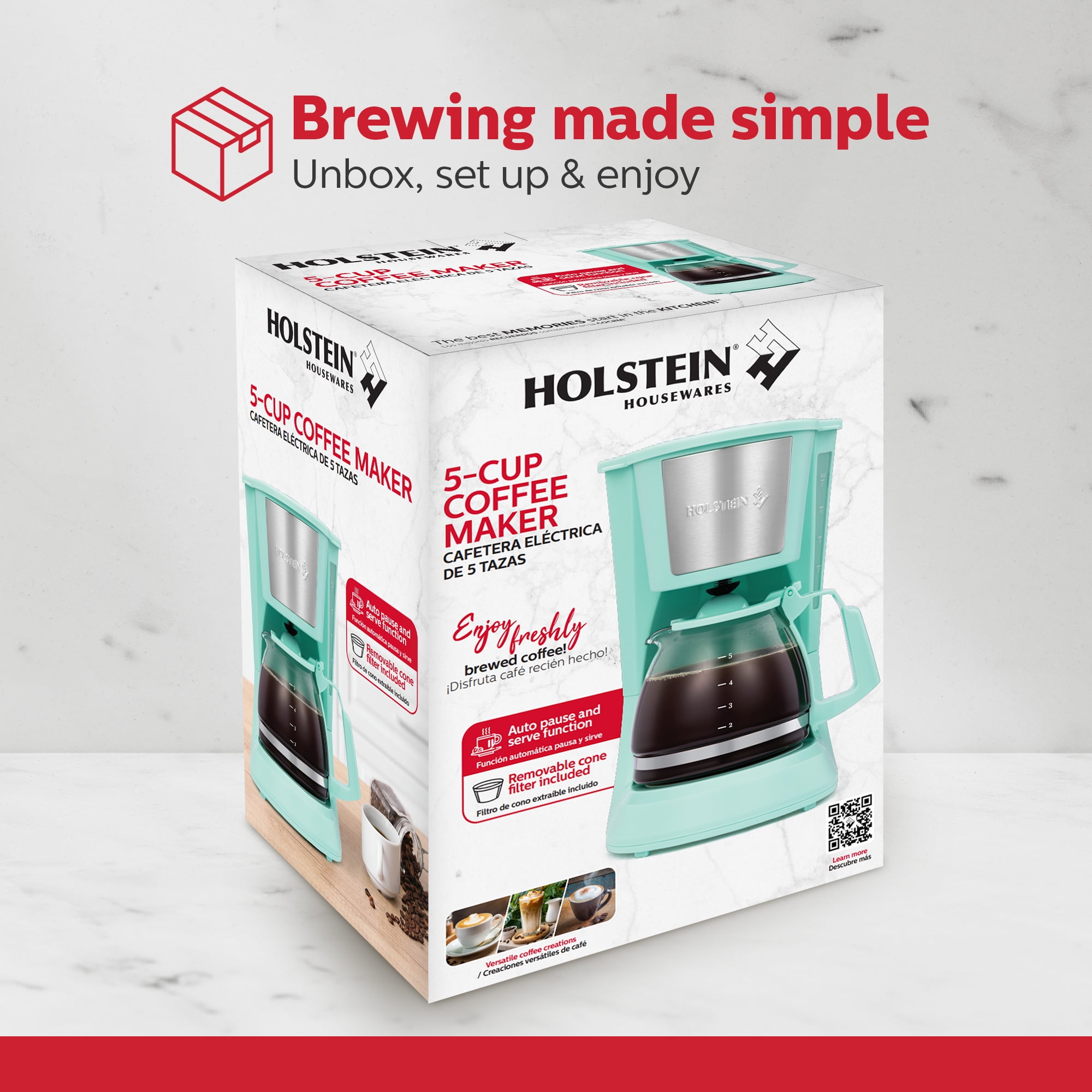 Holstein Housewares 5 Cup Drip Coffee Maker - Mint- Auto Pause and Serve, Removable Filter Basket, and Full View Water Window - Perfect for Brewing Rich-Tasting Coffee at Home