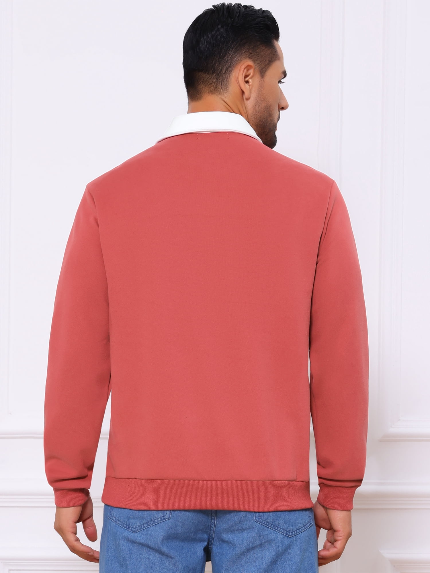 DARING DIVA Men's Contrast Collared Long Sleeves Pullover Polo Sweatshirt M Red