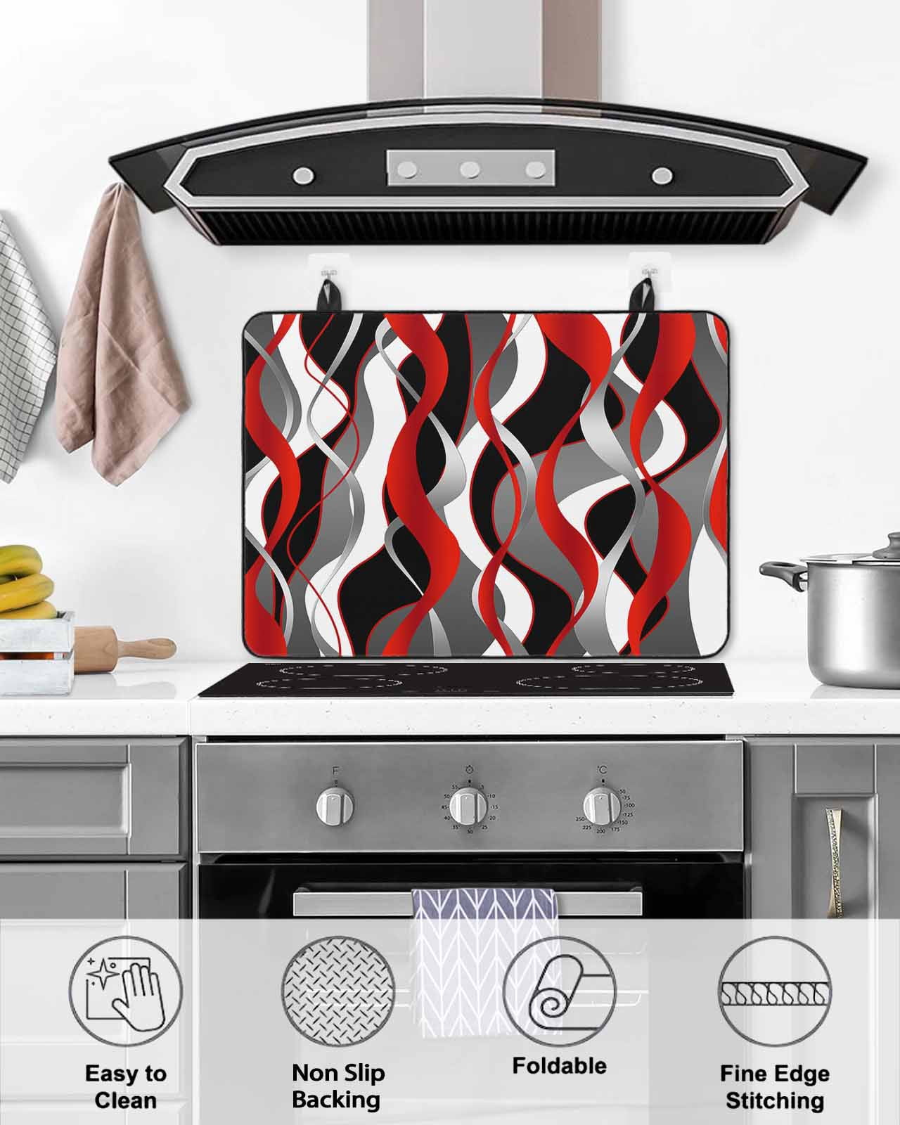 nqOlkjepod Large Induction Cooktop Protector Mat 36"x21", Red Stripe Stove Top Covers for Electric Stove, Grey Moire Ombre Geometric Modern Abstract Stove Burner Cover Mats, Glass Top Stove Cover