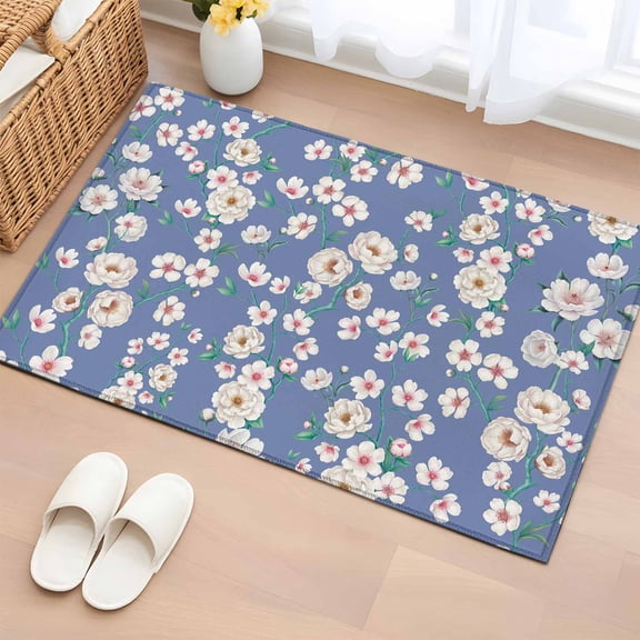 Watercolor Floral Entryway Rug 2'x3'  Non Slip Front Door Mats, Spring Flower Leaves Botanical Blue Entrance Rugs Indoor Outdoor Carpet, Washable Floor Mats Small Area Rug for Bedroom Kitchen