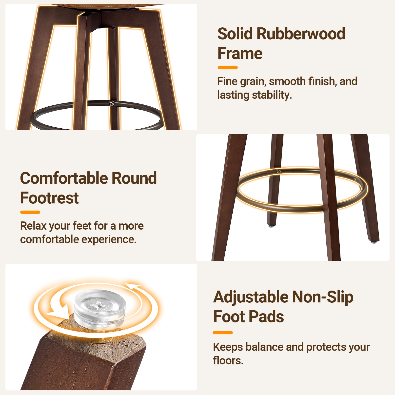 TrumanPick 30" Swivel Bar Stools Set of 2, Brown Faux Leather Counter Height Swivel Barstool with Back & Solid Rubberwood Legs, Counter Stools for Kitchen Island Pub